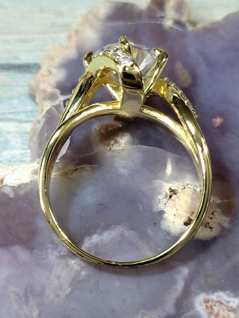 Gold-Tone Solitaire Twist Ring with Clear Crystal Accent - Picture 2 of 5